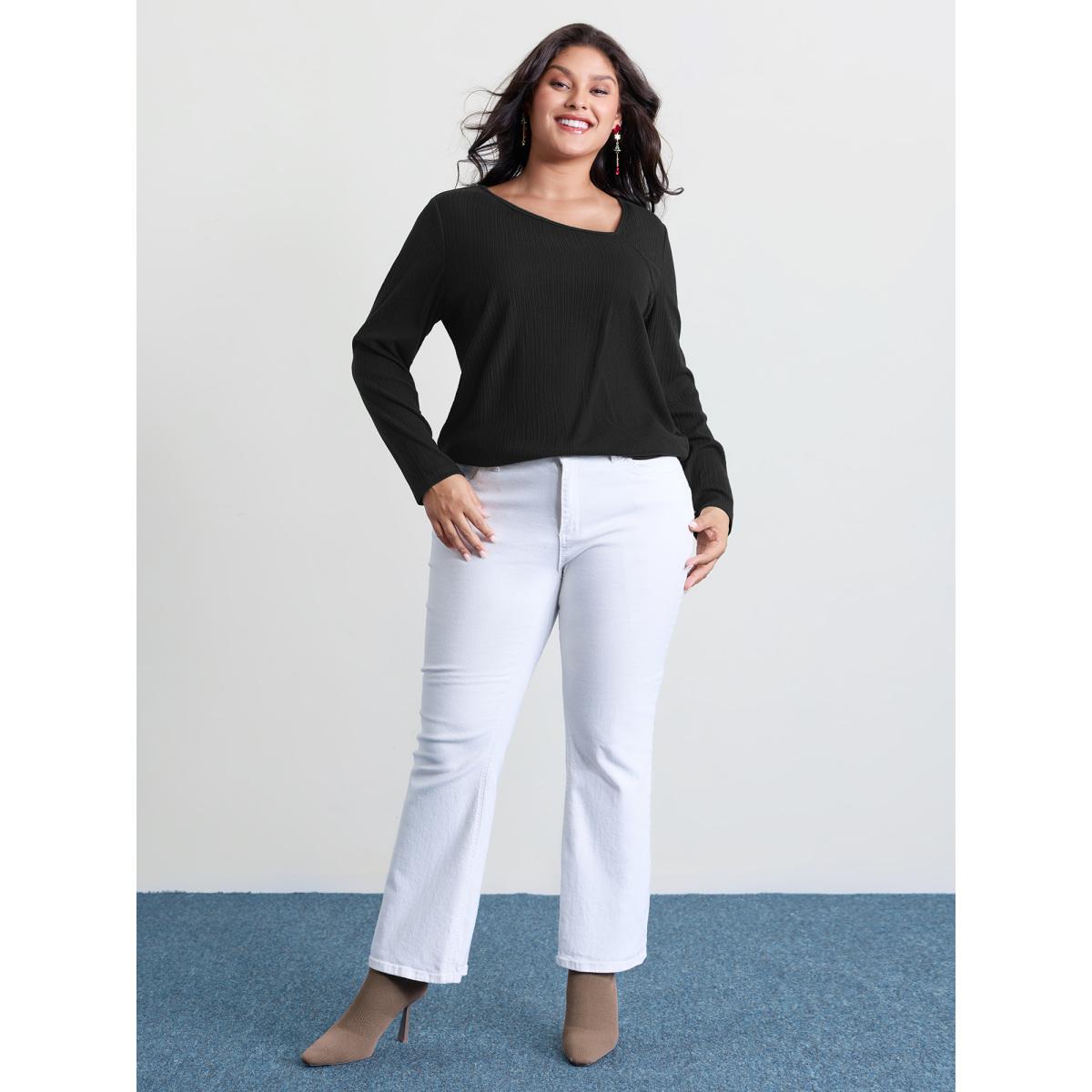 Plus Size Super Stretchy Ribbed Asymmetrical Neck T-Shirt Black Women Timeless Texture Asymmetrical Neck Elegant T-shirts BloomChic 18-20/2X Product Image