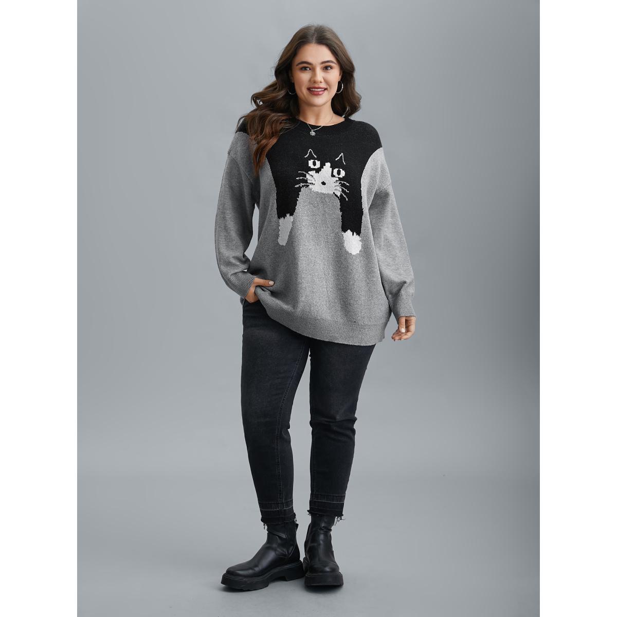 Plus Size Cat Print Color Block Round Neck Pullover DarkGray Women Casual Loose Long Sleeve Round Neck Everyday Pullovers BloomChic 22-24/3X Product Image