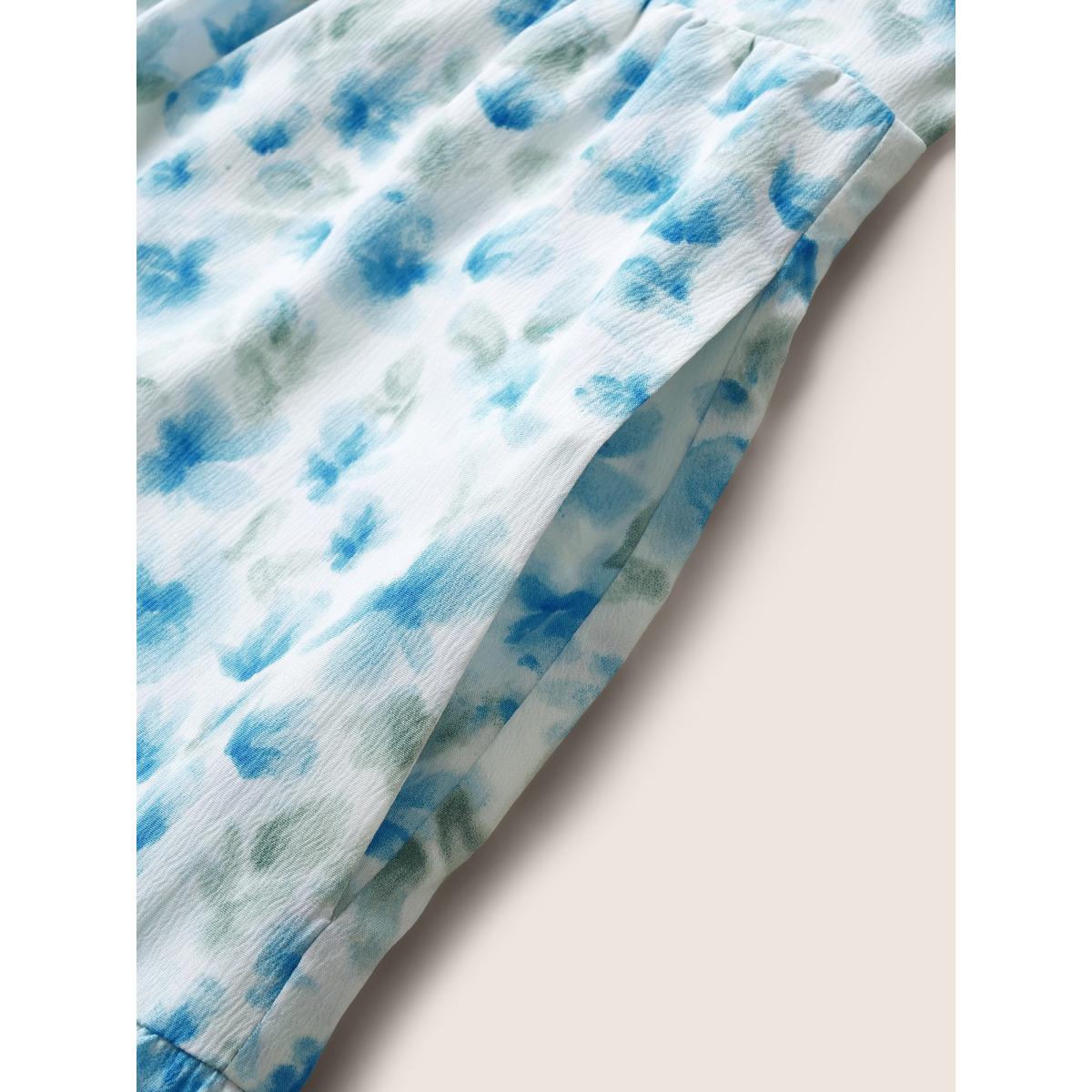 Plus Size Watercolor Floral Drawstring Ruffle Sleeve Midi Dress Skyblue Women Elegant Drawstring Square Neck Short sleeve Curvy BloomChic 26/4X Product Image