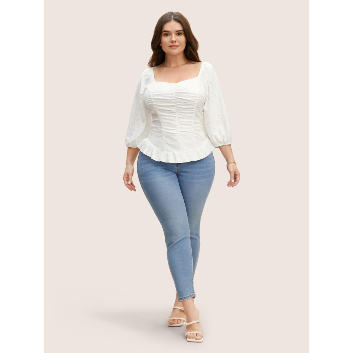 Plus Size Ivory Broderie Anglaise Ruched Lantern Sleeve Blouse Women Elegant Elbow-length sleeve Heart neckline Everyday Blouses BloomChic 22-24/3X Product Image