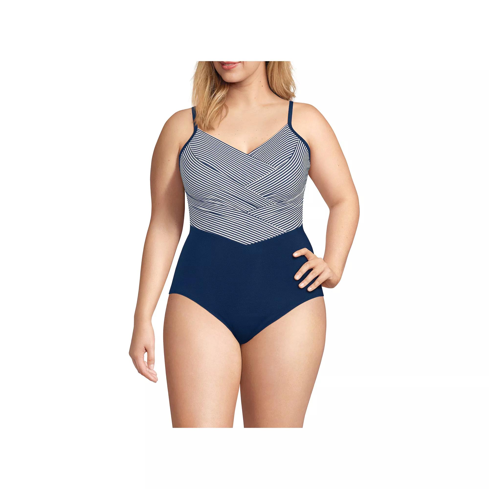 Plus Size Lands' End Slender Suit Pleated X-Back One-Piece Swimsuit, Women's, Size: 24W Dd, Blue Mini Stripe Product Image
