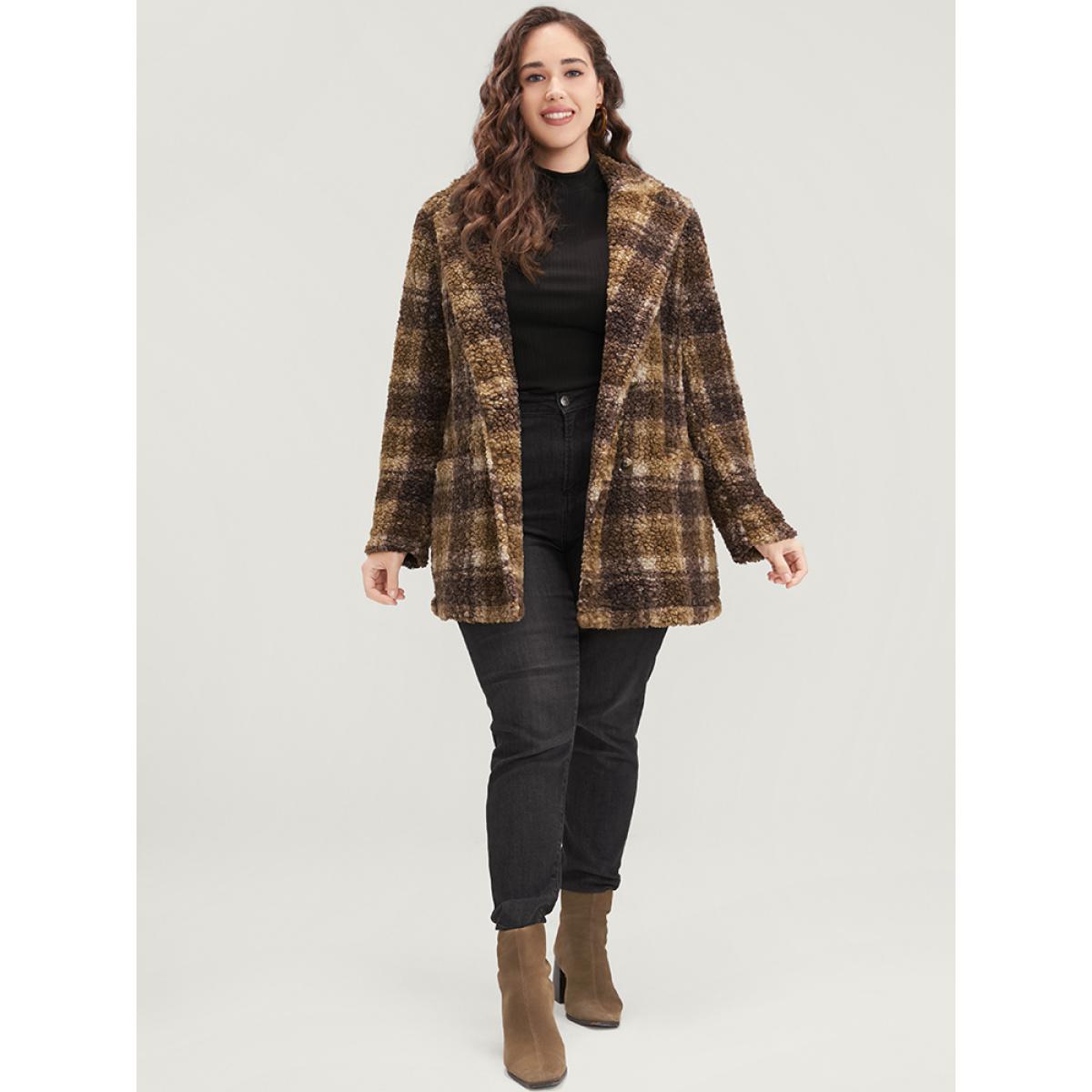 Plus Size Plaid Pocket Double Breasted Teddy Coat Women Tan Casual Pocket Ladies Dailywear Winter Coats BloomChic 12/L Product Image