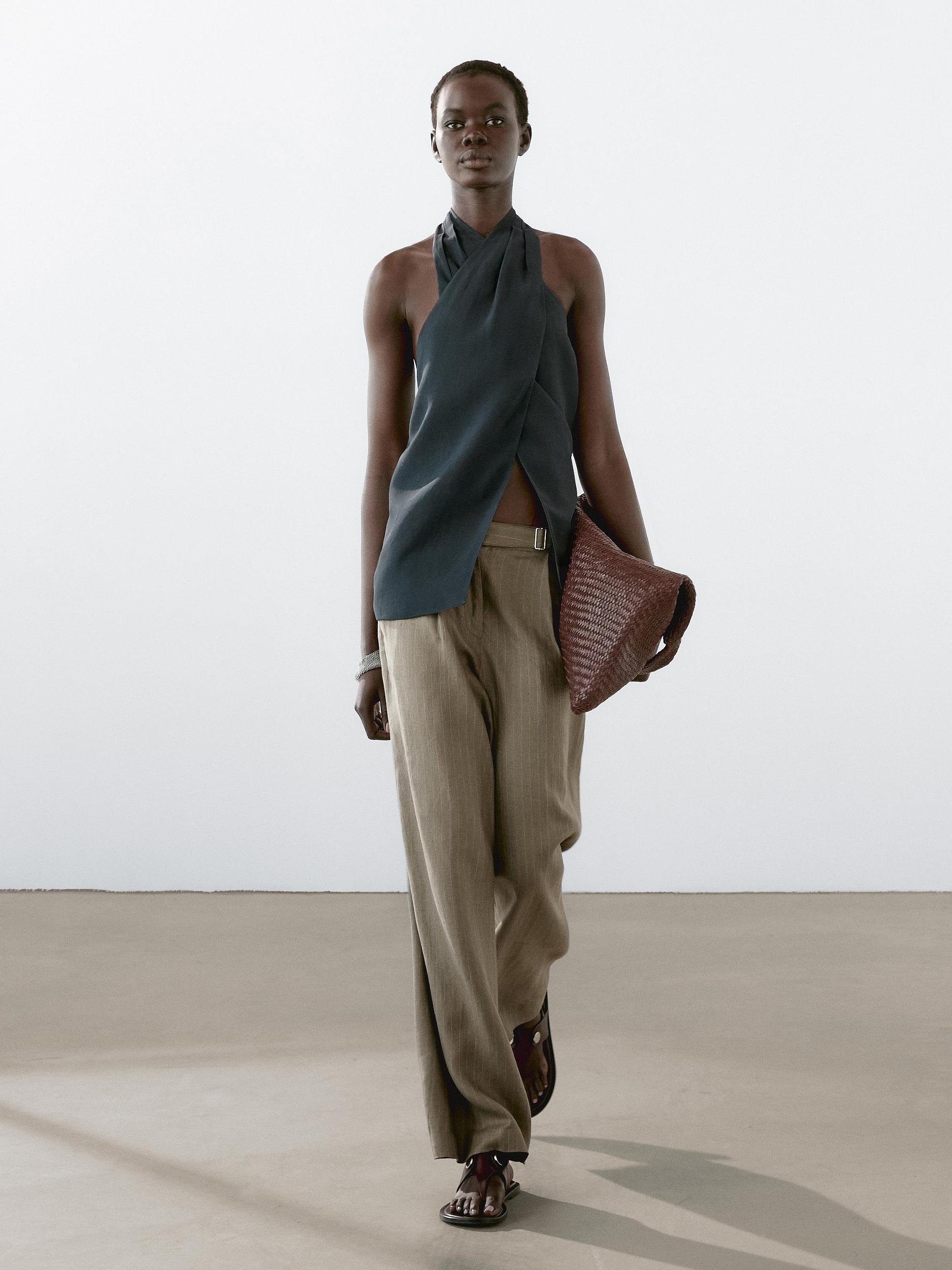 100% linen striped trousers with buckle detail Product Image