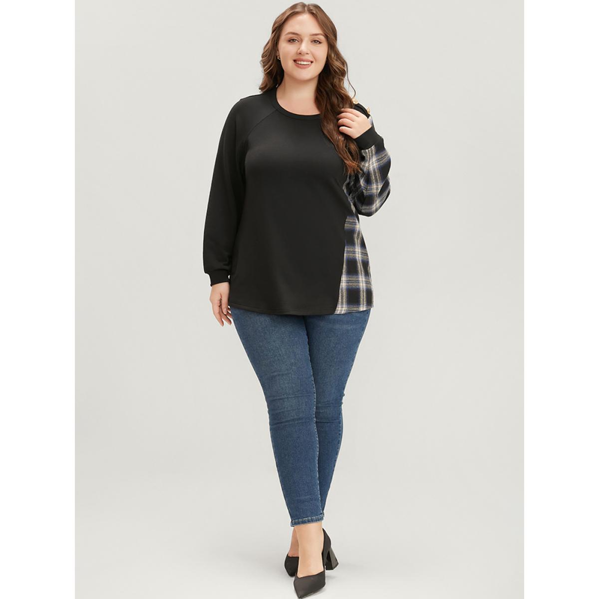 Plus Size Tartan Patchwork Button Detail Round Neck Sweatshirt Women Black Casual Contrast Round Neck Dailywear Sweatshirts BloomChic 30/6X Product Image
