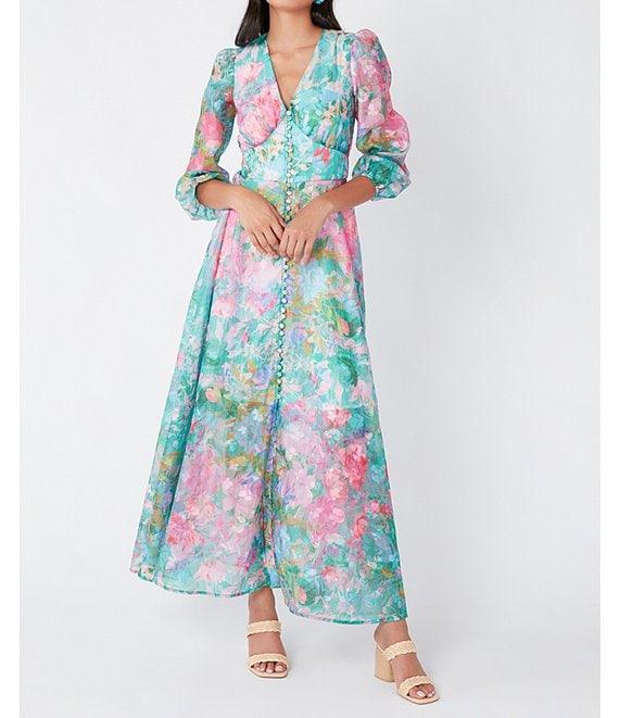 Abbey Glass Brooke Watercolor Floral Long Sheer Sleeve V-Neck Maxi Dress Product Image