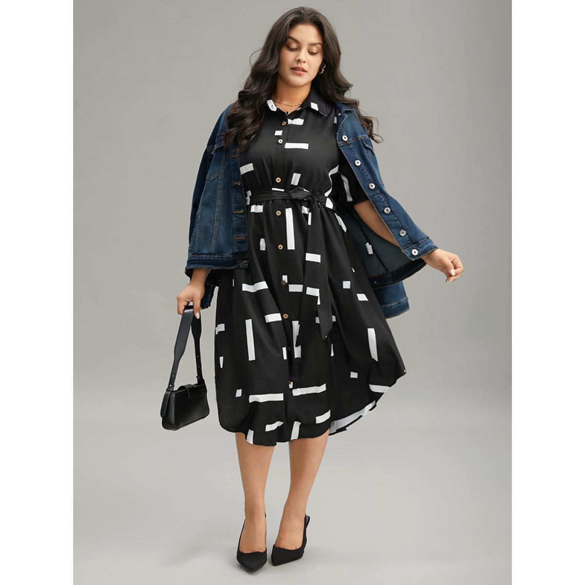 Plus Size Geometric Print Shirt Collar Button Up Belted Dress Black Women Office Belted Shirt collar Short sleeve Curvy Midi Dress BloomChic 30/6X Product Image