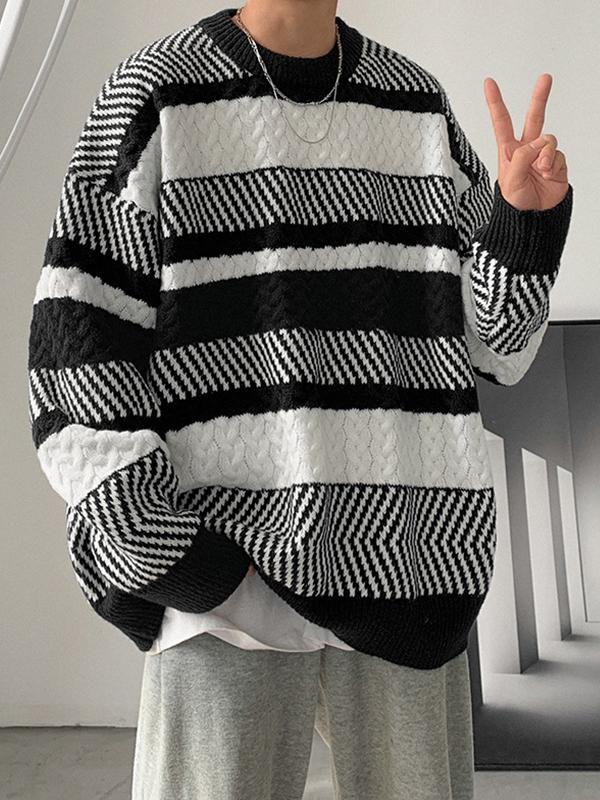 Men's Contrast Color Splice Stripe Crew Neck Sweater Product Image