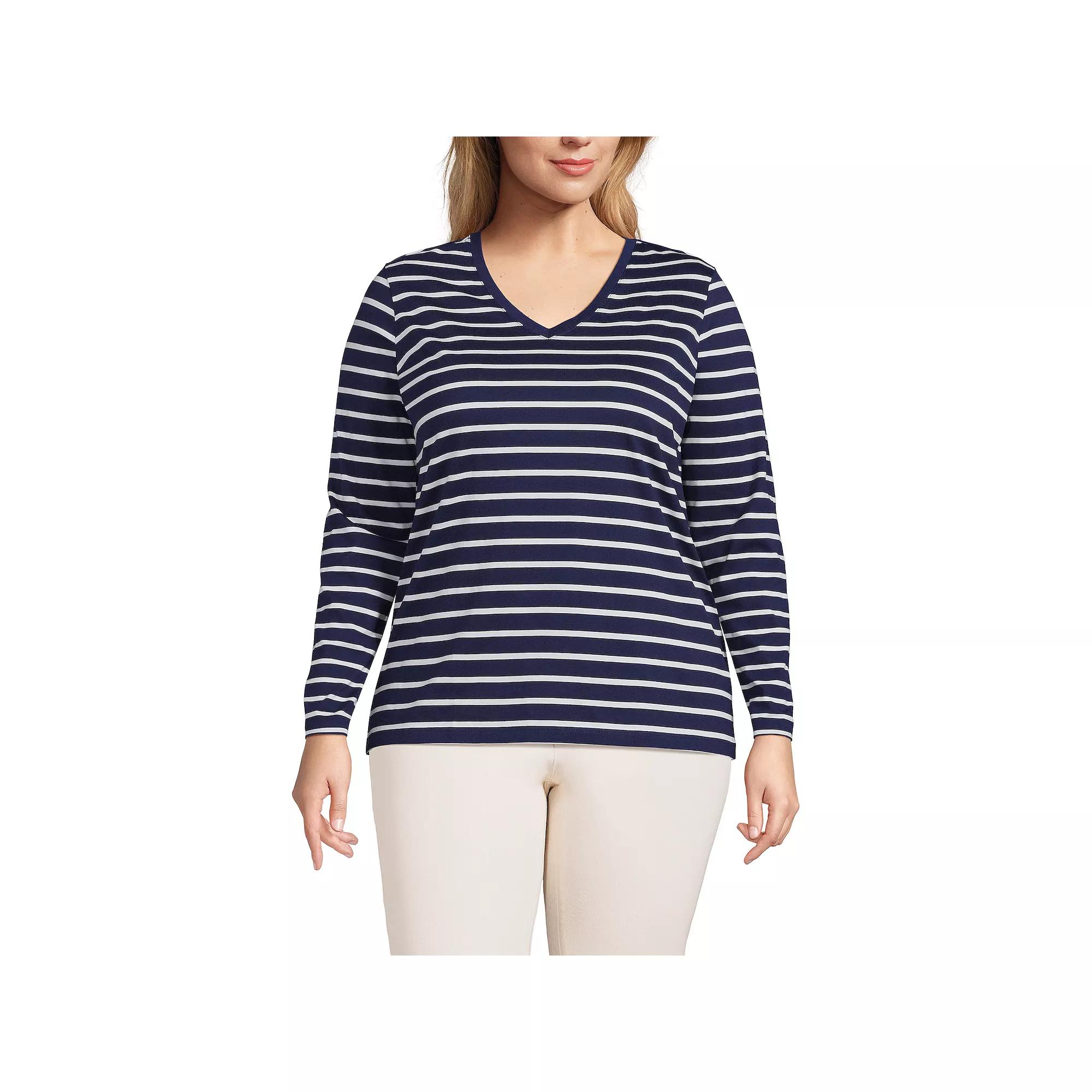 Plus Size Lands' End Long Sleeve Relaxed-Fit Supima Cotton V-Neck Tee, Women's, Size: 3XL, Blue Breton Stripe Product Image