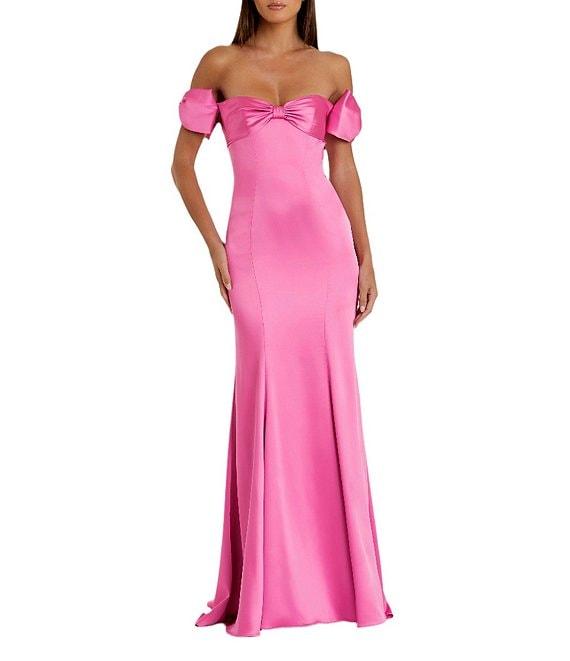 Mac Duggal Satin Off-The-Shoulder Neck Short Sleeve Bow Detail Gown Product Image