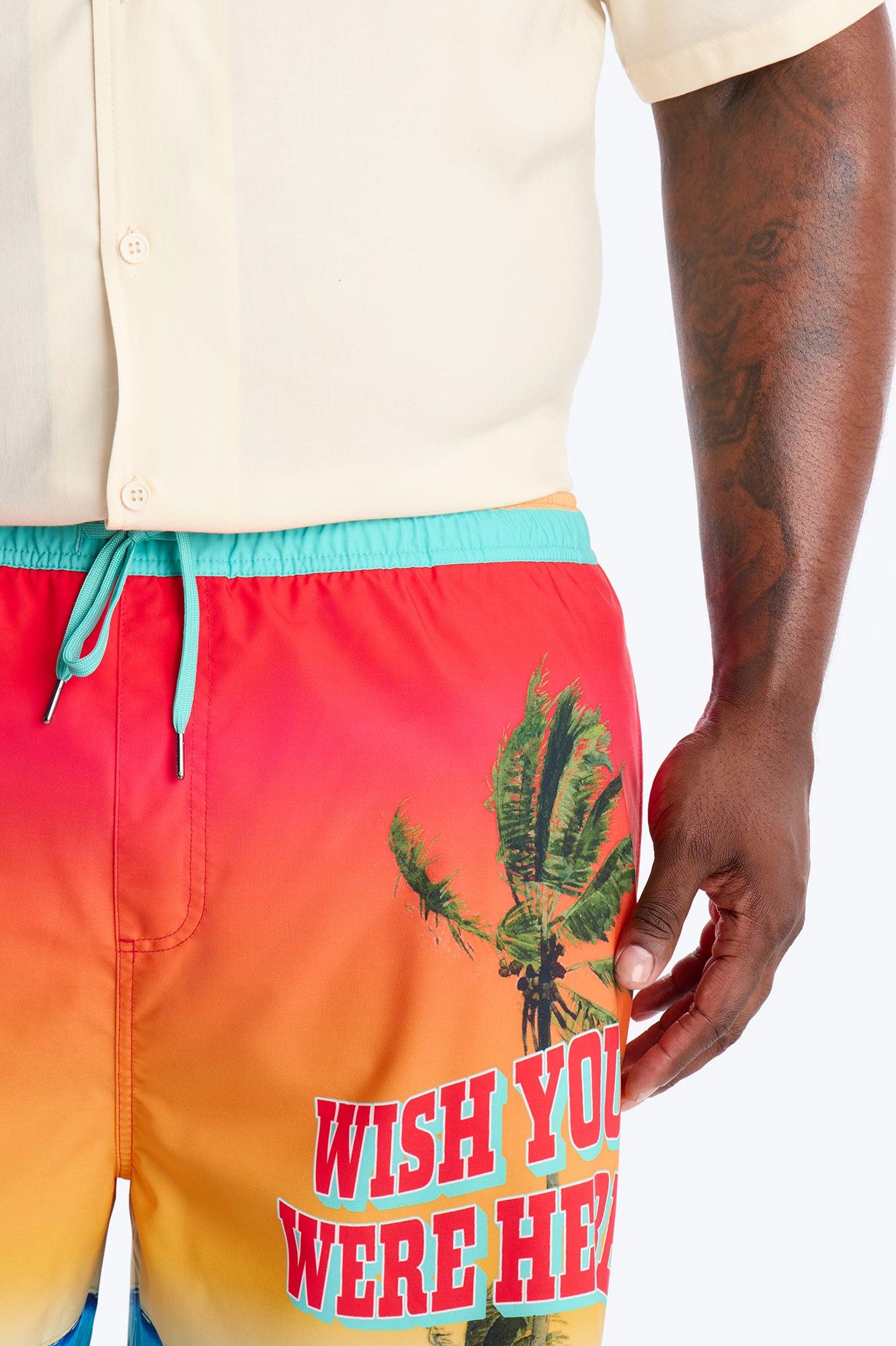 Wish You Were Here Postcard Swim Trunk 7″ - Multi Color Male Product Image