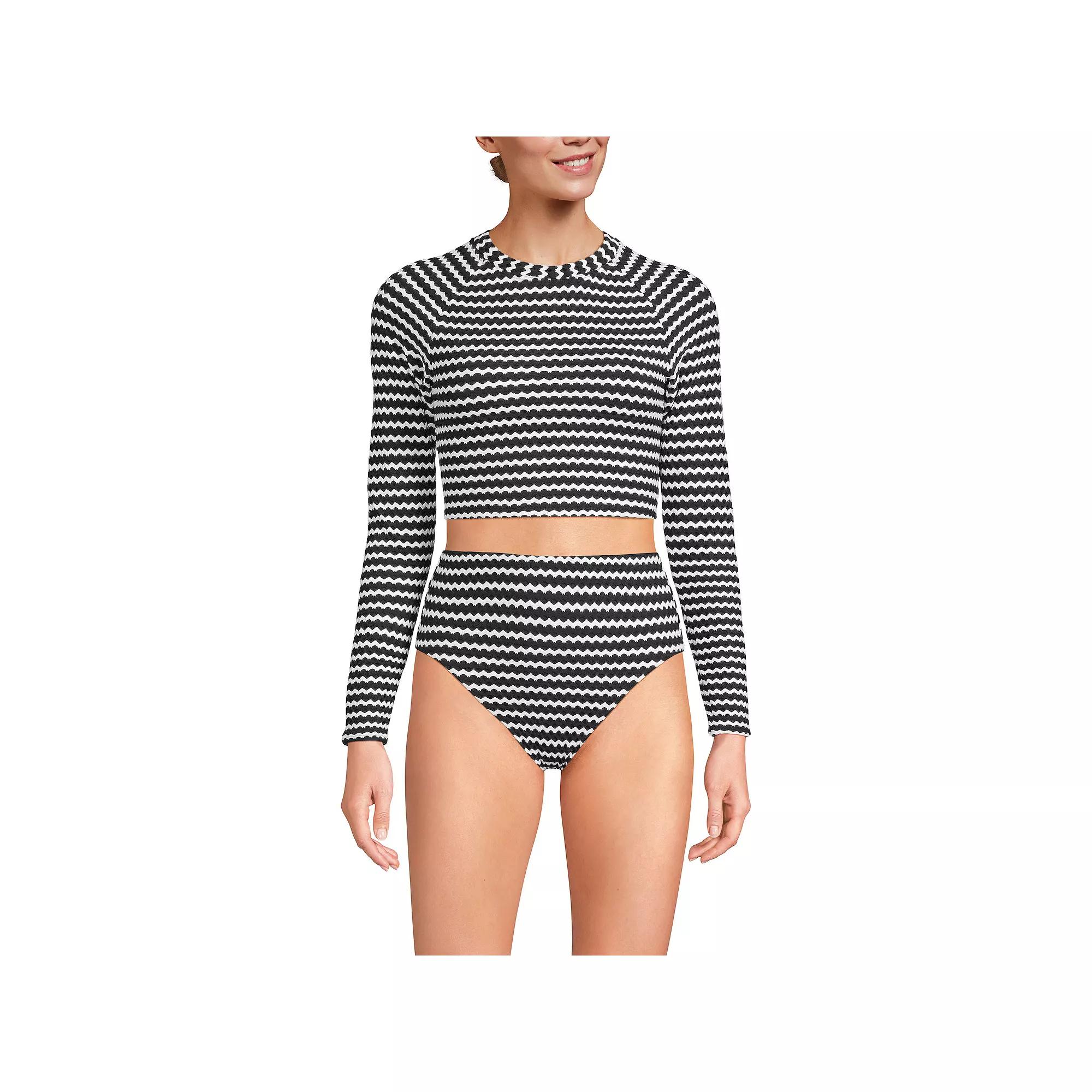 Women's Lands' End Crochet Long Sleeve Bikini Top & High Waisted Bottoms 2-pc. Swimsuit Set, Size: XL, Black White Product Image
