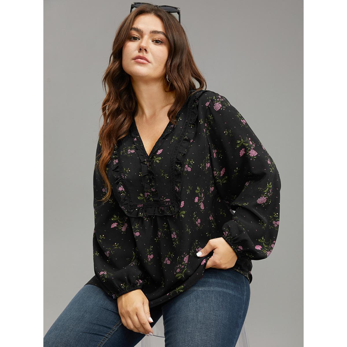 Plus Size RedViolet Ditsy Floral Lantern Sleeve Frill Trim Blouse Women Elegant Long Sleeve V-neck Dailywear Blouses BloomChic 10/M Product Image