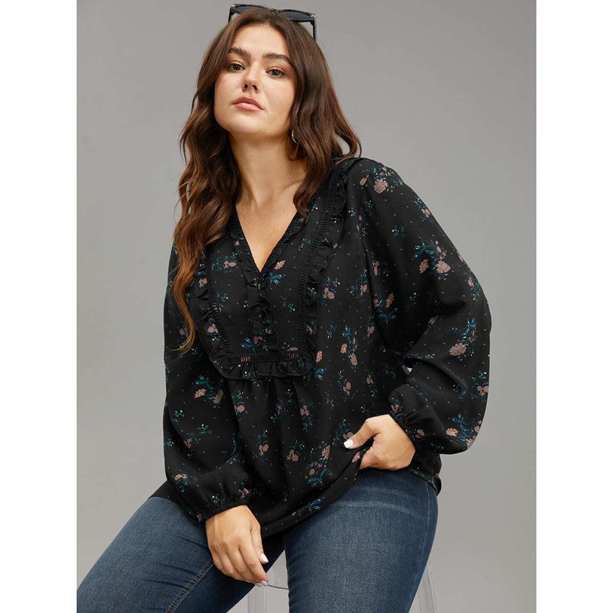 Plus Size Yellow Ditsy Floral Lantern Sleeve Frill Trim Blouse Women Elegant Long Sleeve V-neck Dailywear Blouses BloomChic 14-16/1X Product Image