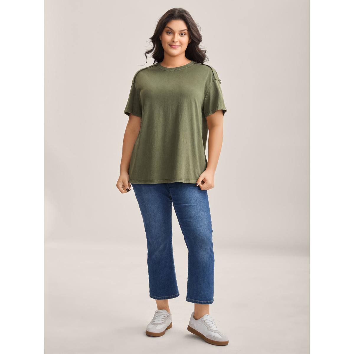 Plus Size Cotton Vintage Frayed Hem Crew Neck T-Shirt ArmyGreen Women Leisure Tucked seam Round Neck Casual T-shirts BloomChic 18-20/2X Product Image