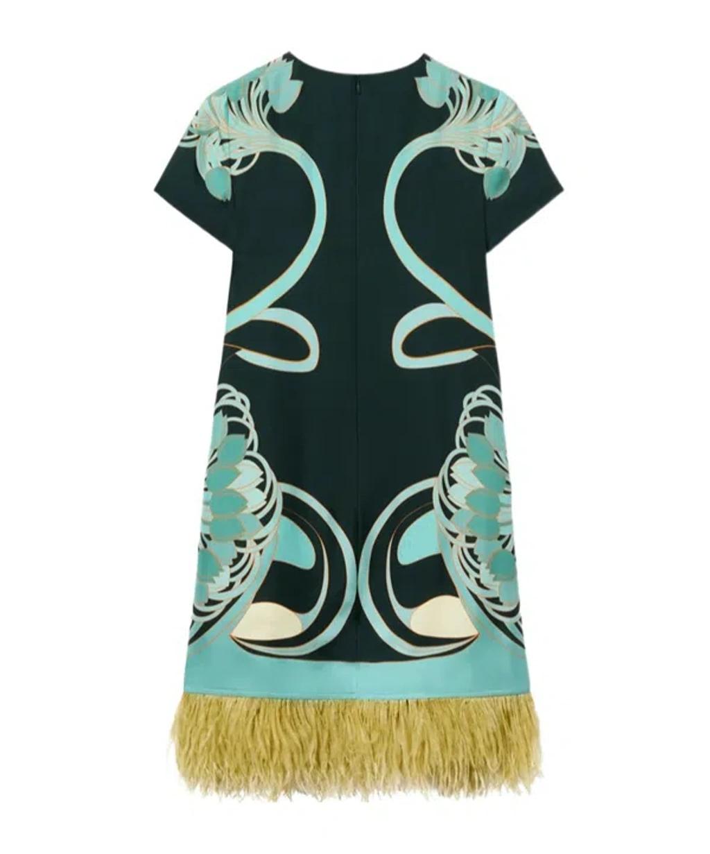 LA DOUBLEJ Swing Printed Feather-trimmed Silk-twill Mini Dress In Blue Product Image
