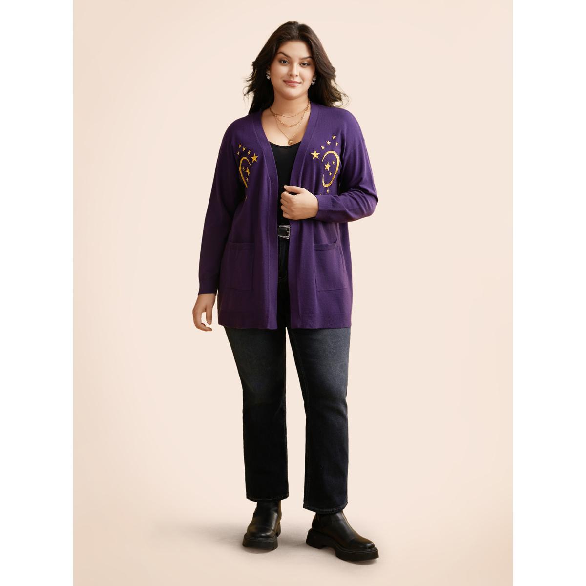 Plus Size Supersoft Essentials Celestial Embroidered Cardigan Eggplant Women Casual Loose Long Sleeve Everyday Cardigans BloomChic 30/6X Product Image
