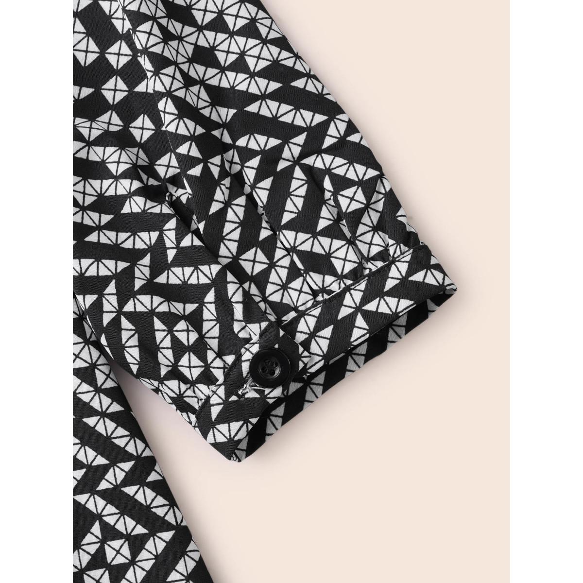 Plus Size Geometric Notched Lantern Sleeve Midi Dress BlackFlower Women At the Office Shirred Flat collar with V-notch Long Sleeve Curvy BloomChic 30/6X Product Image