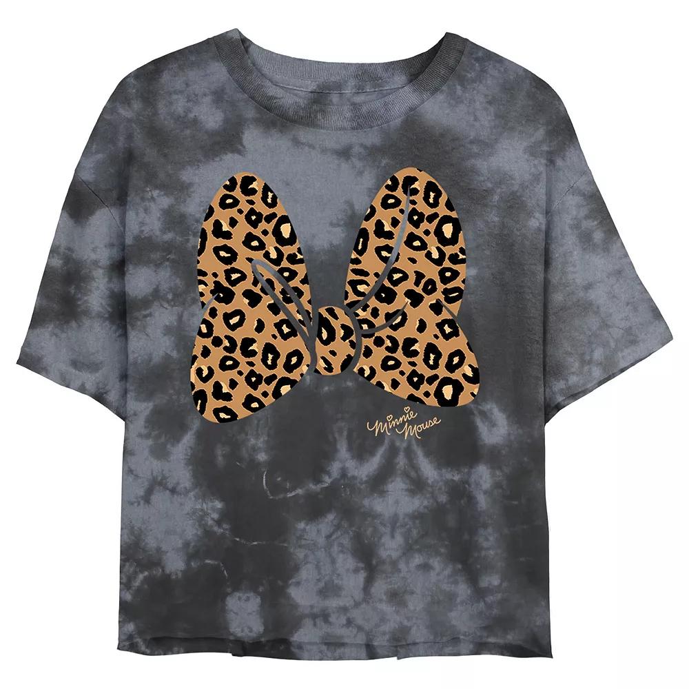 Disney's Minnie Mouse Juniors' Leopard Print Bow Wash Crop Tee, Girl's, Size: Large, Black Grey Product Image