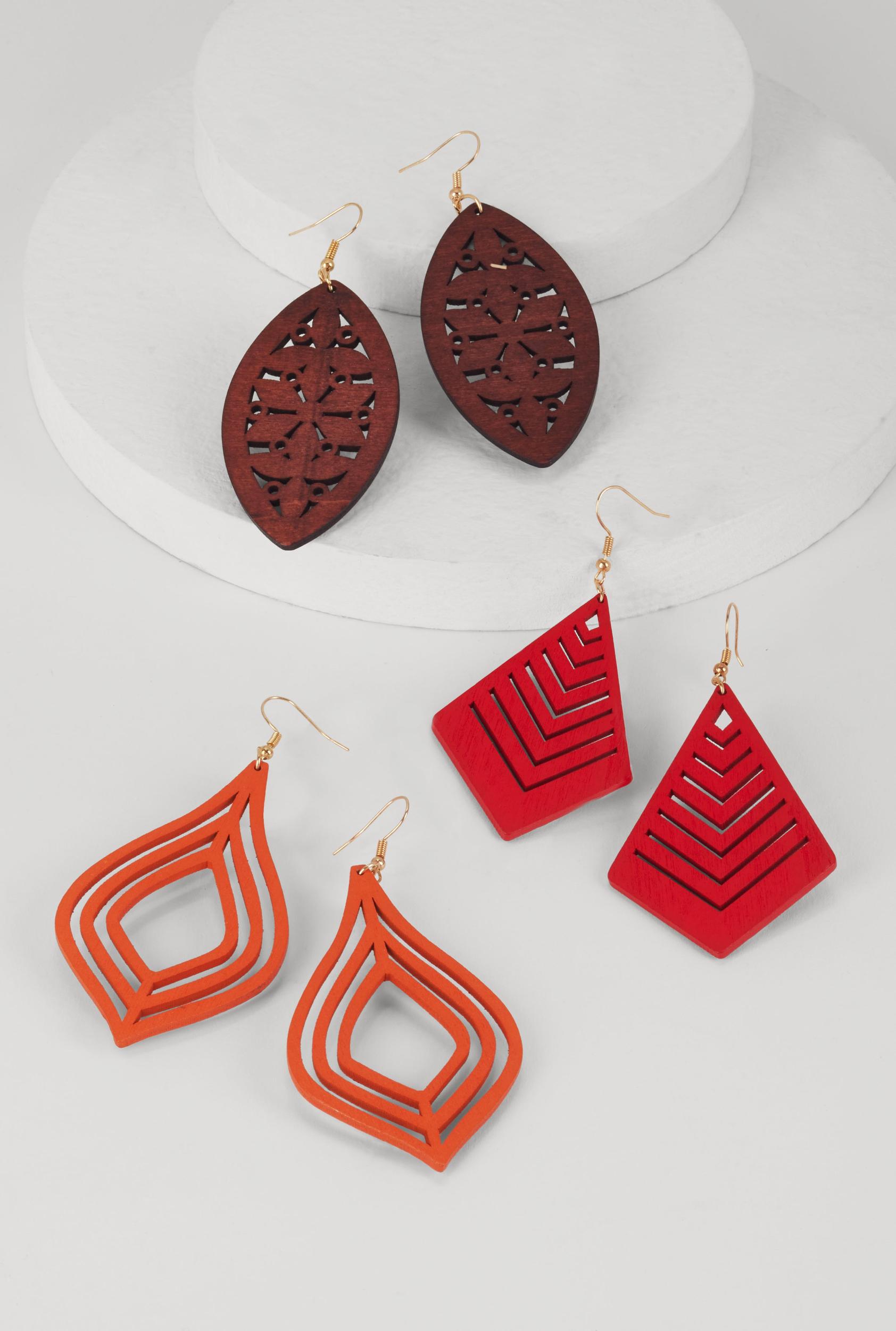 Assorted Wooden Geometric Laser Cut Drop Earring Set of 3 Unisex Product Image