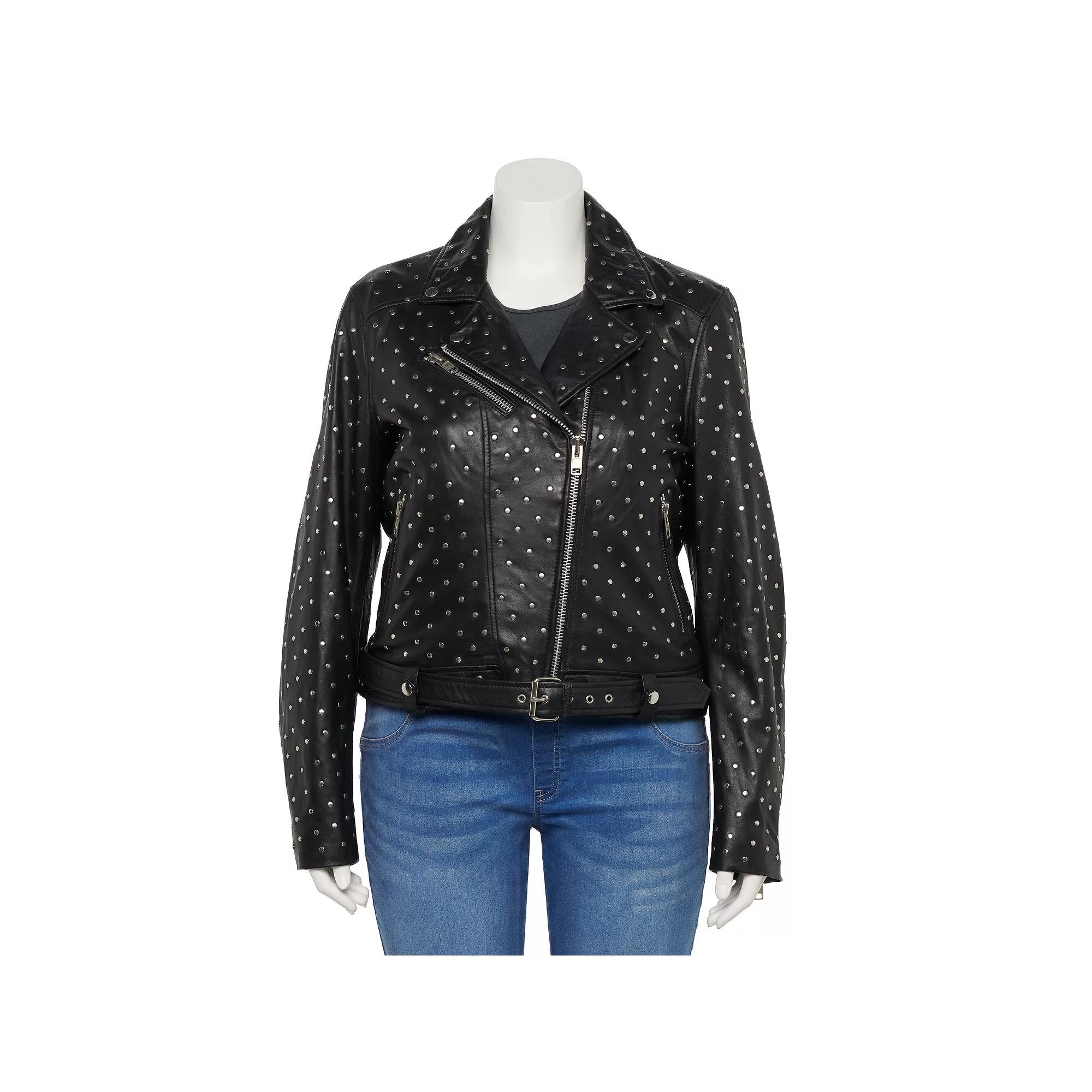 Plus Size Whet Blu Claudia Studded Leather Jacket, Women's, Size: 5XL, Black Product Image