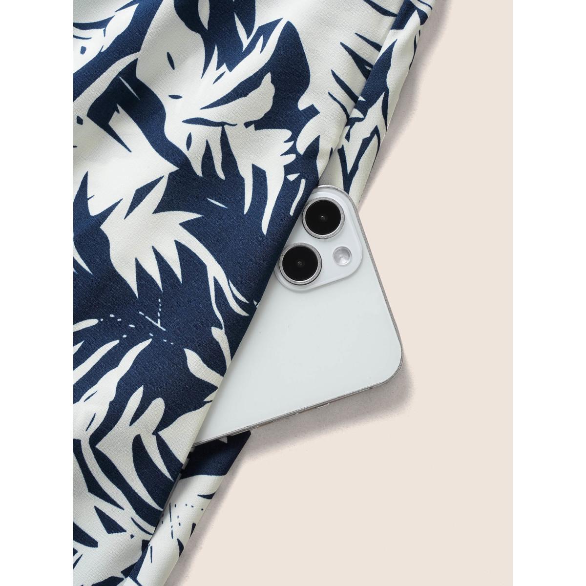 Plus Size Tropical Print Overlap Collar Shirred Cut Out Dress DarkBlue Women Resort Overlapping Overlap Collar Short sleeve Curvy Midi Dress BloomChic 30/6X Product Image