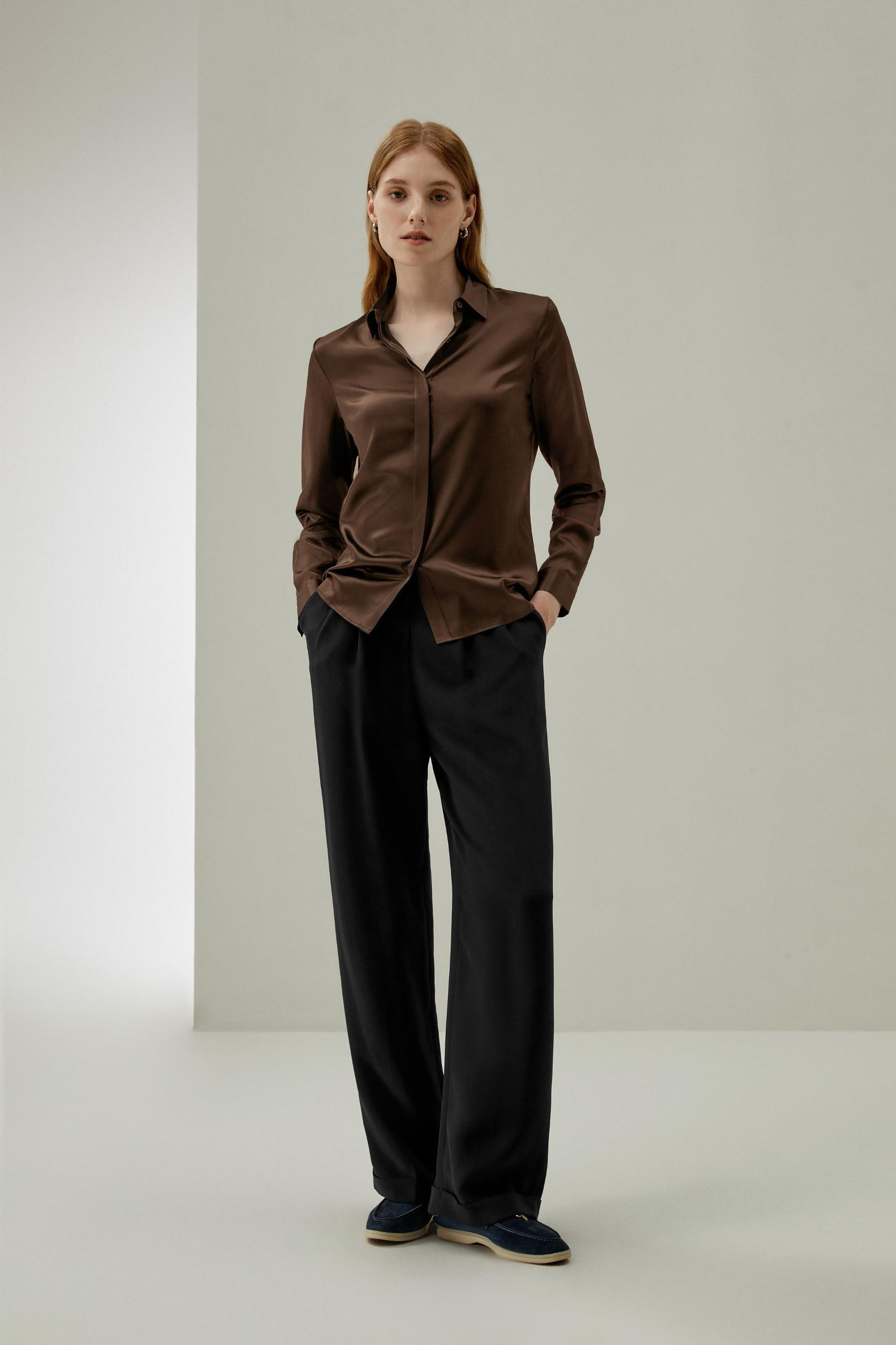 Basic Concealed Placket Silk Shirt Product Image
