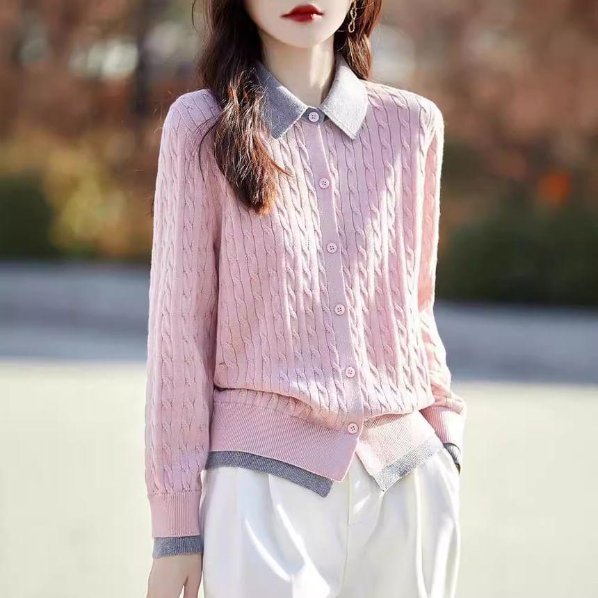 Collar Two Tone Cable-Knit Cardigan Product Image