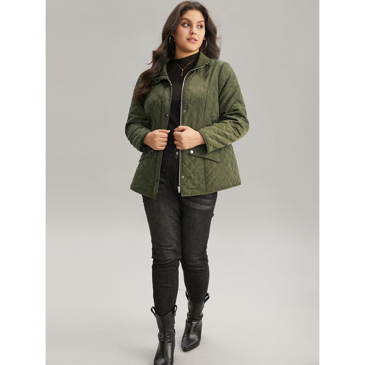 Plus Size Argyle Plaid Flap Pocket Zipper Fly Coat Women ArmyGreen Casual Texture Ladies Dailywear Winter Coats BloomChic 10/M Product Image