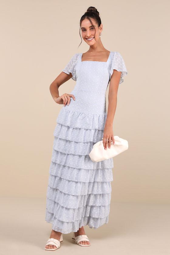 Delightful Favorite Light Blue Eyelet Tiered Maxi Dress Product Image