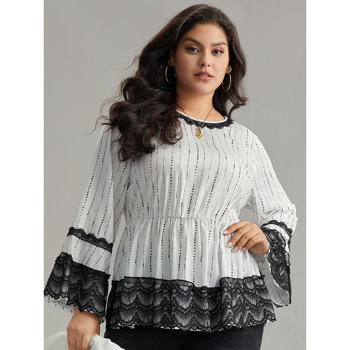 Plus Size White Dot Striped Contrast Lace Elastic Waist Blouse Women Elegant Long Sleeve Round Neck Dailywear Blouses BloomChic 26/4X Product Image