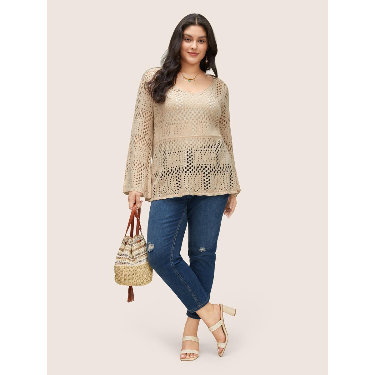 Plus Size Plain Cable Knit Scoop Neck Bell Sleeve Pullover Apricot Women Casual Long Sleeve Scoop Neck Everyday Pullovers BloomChic 10/M Product Image