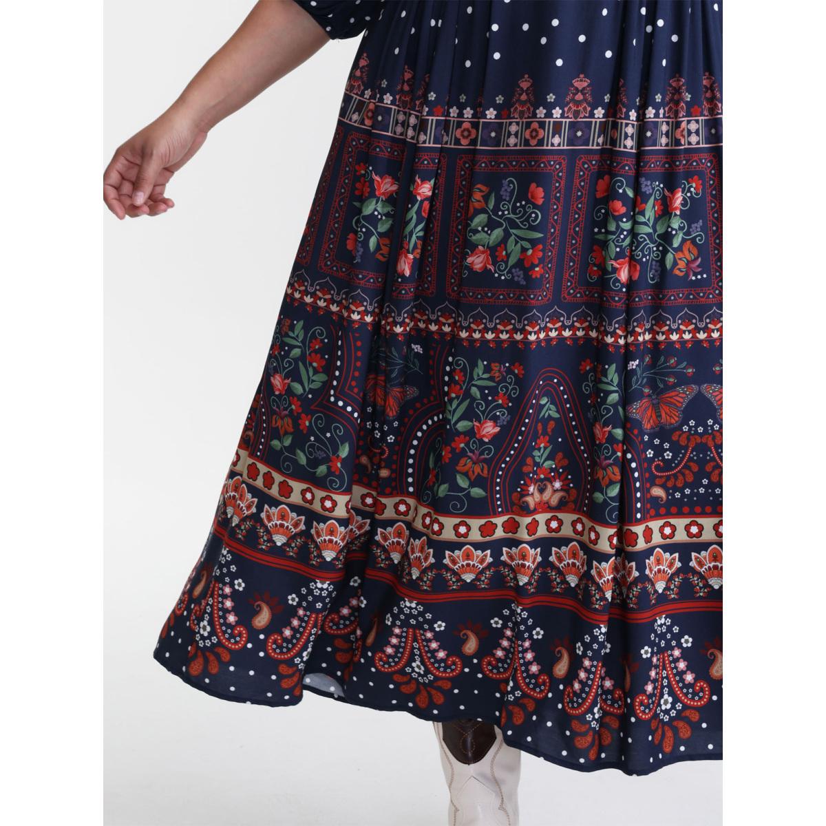 Plus Size Boho Floral Print Pockets Contrast Maxi Dress DarkBlue Women Boho V-neck Elbow-length sleeve Curvy BloomChic 18-20/2X Product Image