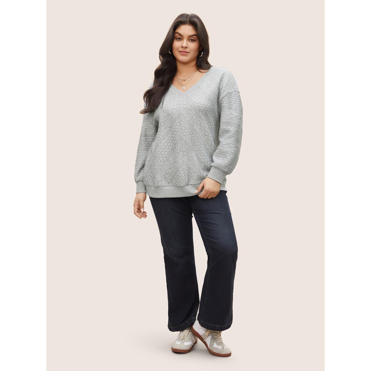 Plus Size Solid Plisse V Neck Drop Shoulder Sweatshirt Women Gray Casual Texture V-neck Everyday Sweatshirts BloomChic 10/M Product Image