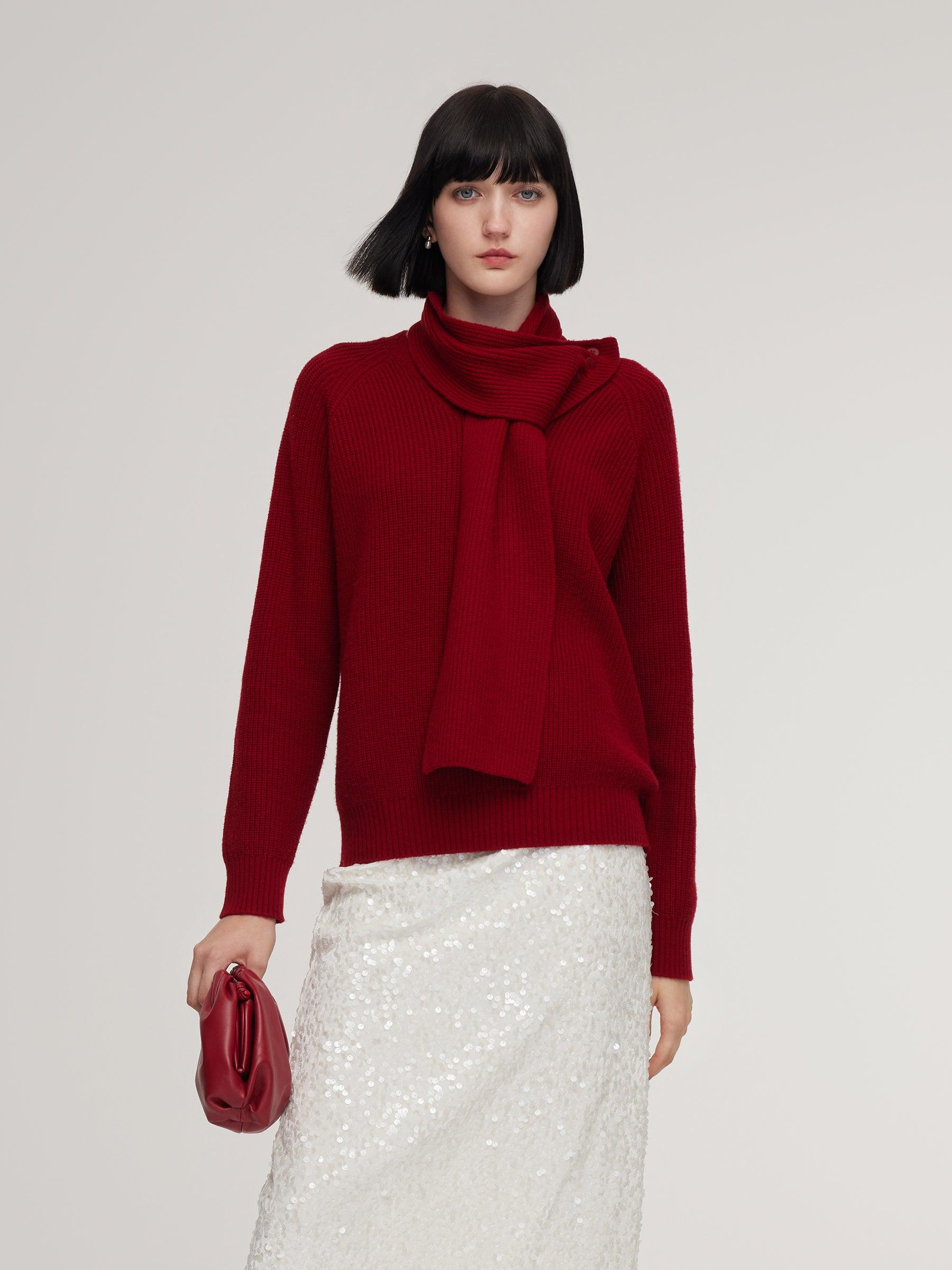 Wool Blend V-Neck Women Sweater With Detachable Scarf Product Image