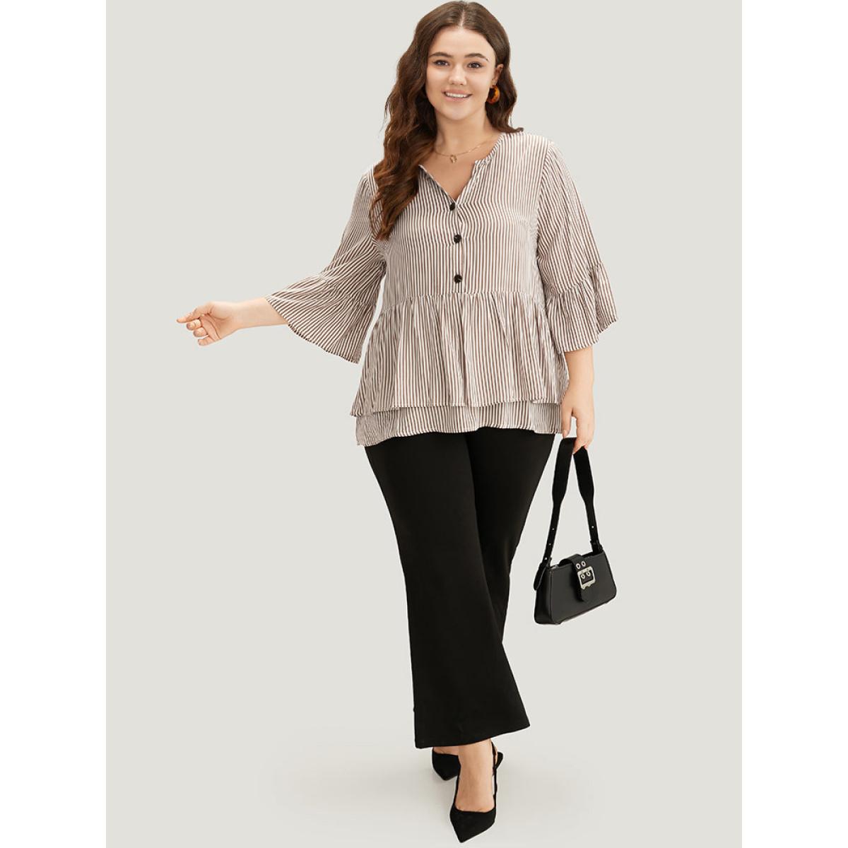 Plus Size Multicolor Striped Button Up Ruffles Bell Sleeve Blouse Women Office Elbow-length sleeve V-neck Office Blouses BloomChic 28/5X Product Image