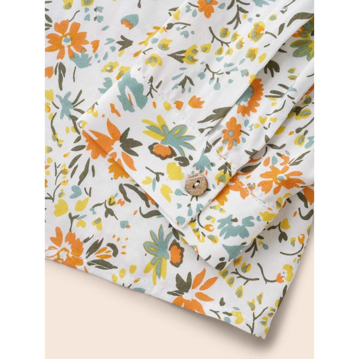 Plus Size WhiteSmoke Floral Notched Gathered Cuff Blouse Women Elegant Long Sleeve Flat collar with V-notch Everyday Blouses BloomChic 30/6X Product Image