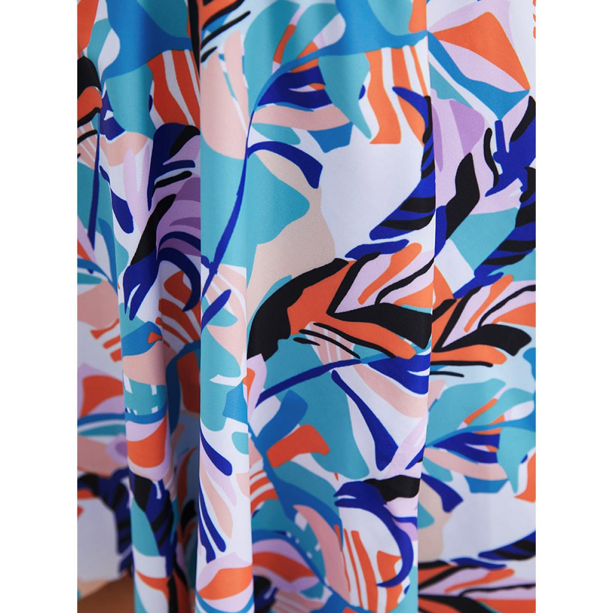 Plus Size Graphic Print Halter Knot Back Ruffle Hem Tankini Top Women's Swimwear Turquoise Vacation Adjustable Straps High stretch Bodycon V-neck Curve Swim Tops BloomChic 12/L Product Image