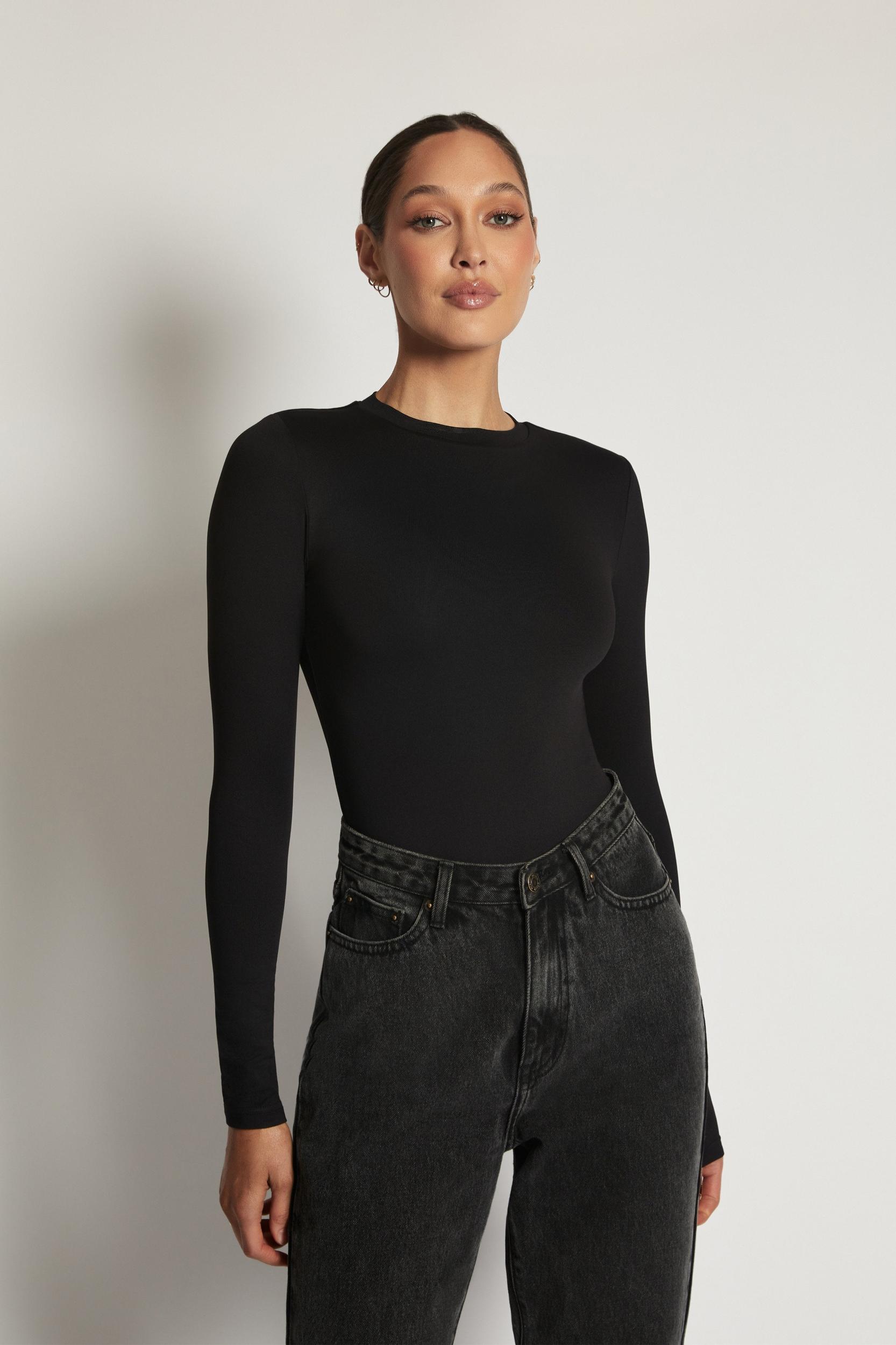 Delilah Long Sleeve Crew Neck Bodysuit - Black Product Image