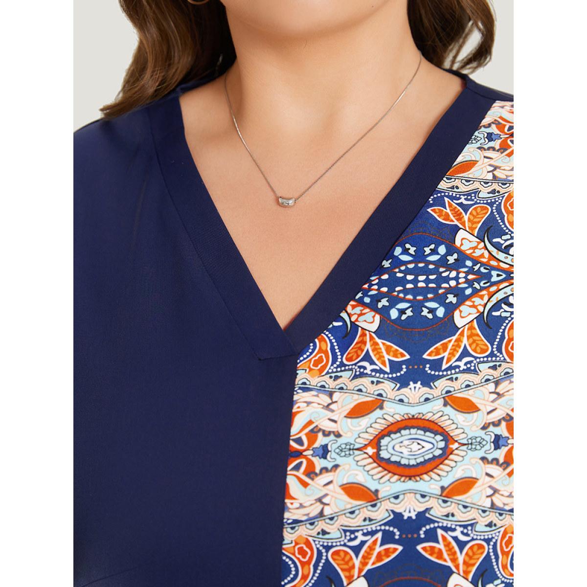Plus Size Indigo Bandana Print Patchwork Contrast Roll Batwing Sleeve Blouse Women Vacation Short sleeve V-neck Dailywear Blouses BloomChic 28/5X Product Image