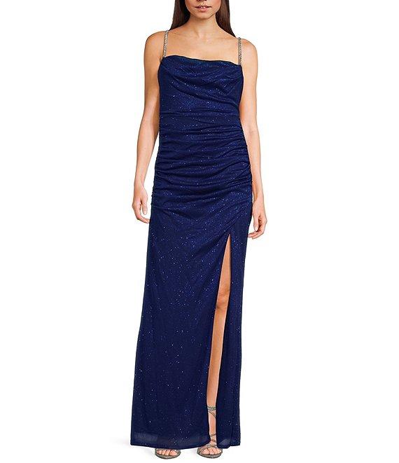 Jump Sleeveless Glitter Spaghetti Rhinestone Strap Drape Bodice Gown Product Image