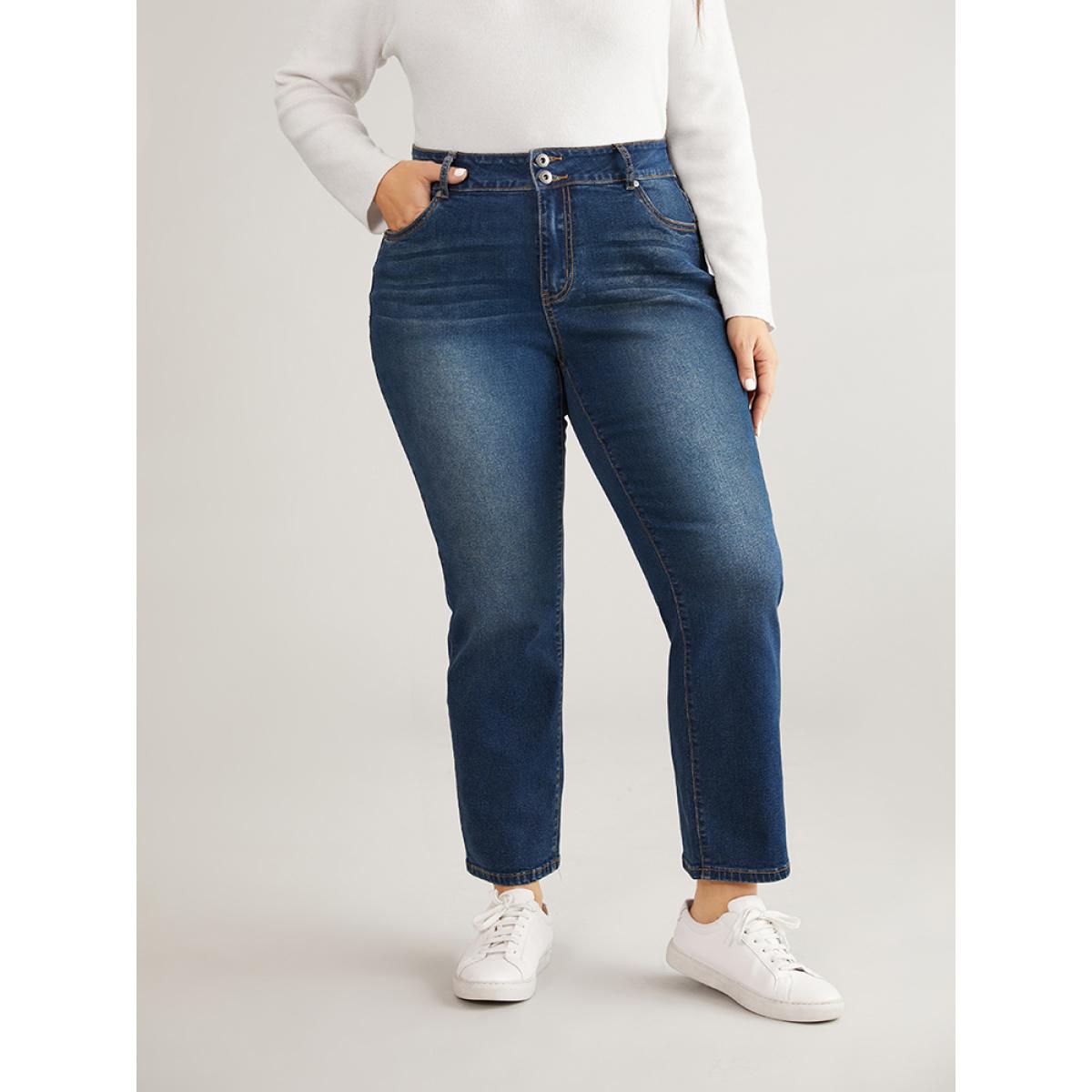 Plus Size Double Button Detail Straight Leg Jeans Women Blue Casual Plain Plain High stretch Pocket Jeans BloomChic 20/2X Product Image