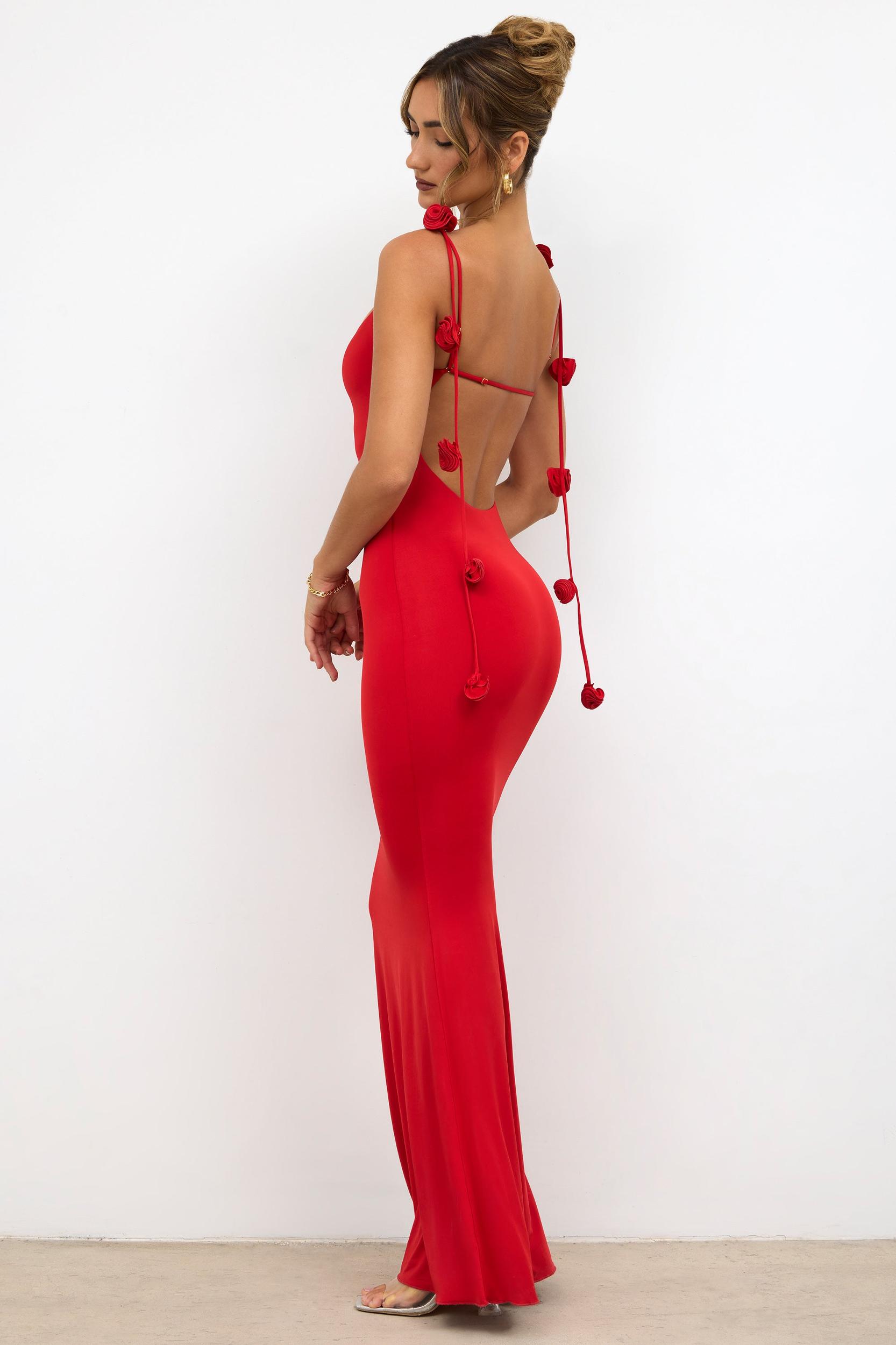 Slinky Jersey Rose Detail Evening Gown in Scarlet Red Product Image