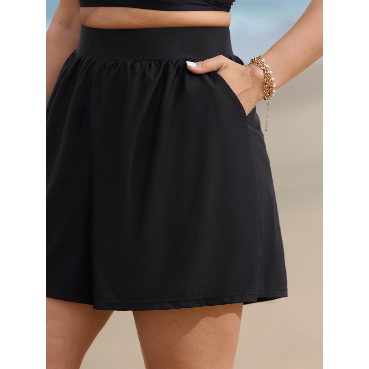 Plus Size High Waisted Pockets Solid Pleated Swim Bottom Women's Swimwear Black Resort Gathered High stretch Wide Leg High Rise Slanted pocket Curve Swim Bottoms BloomChic 30/6X Product Image