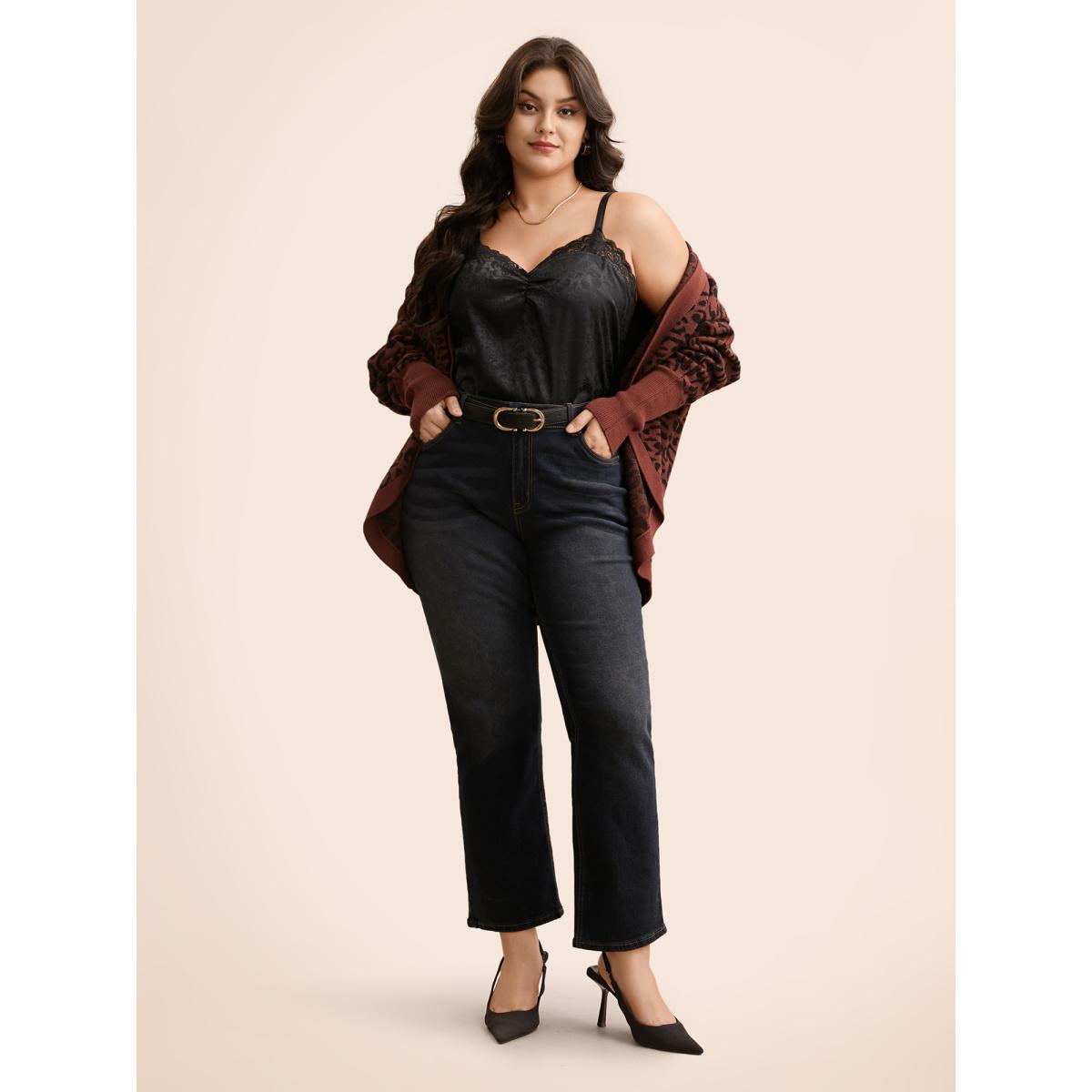 Plus Size Crochet Lace Gathered Cami Top Women Black Elegant Gathered V-neck Everyday Tank Tops Camis BloomChic 26/4X Product Image