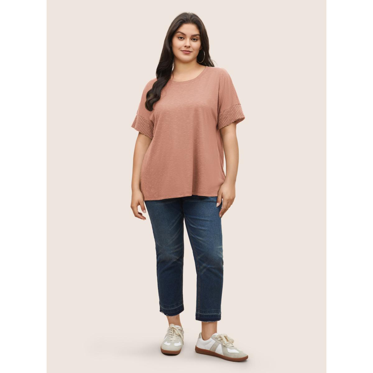 Plus Size Solid Lace Insert Batwing Sleeve T-shirt Nudepink Women Casual Texture Plain Round Neck Everyday T-shirts BloomChic 22-24/3X Product Image