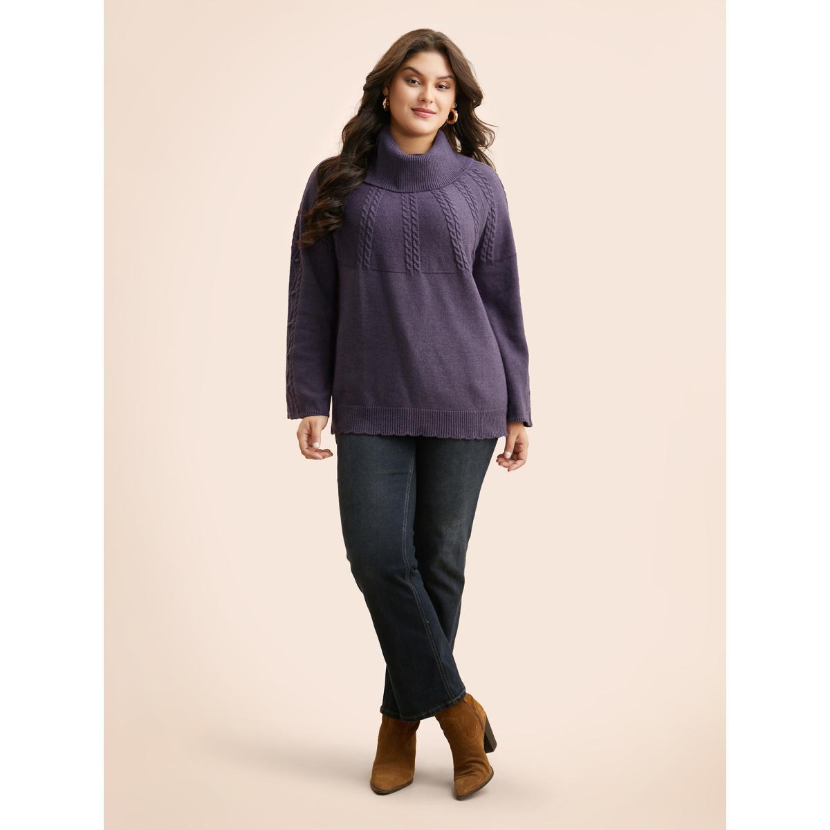 Plus Size Turtleneck Texture Cable Knit Pullover Eggplant Women Leisure Long Sleeve Turtleneck Casual Pullovers BloomChic 12/L Product Image