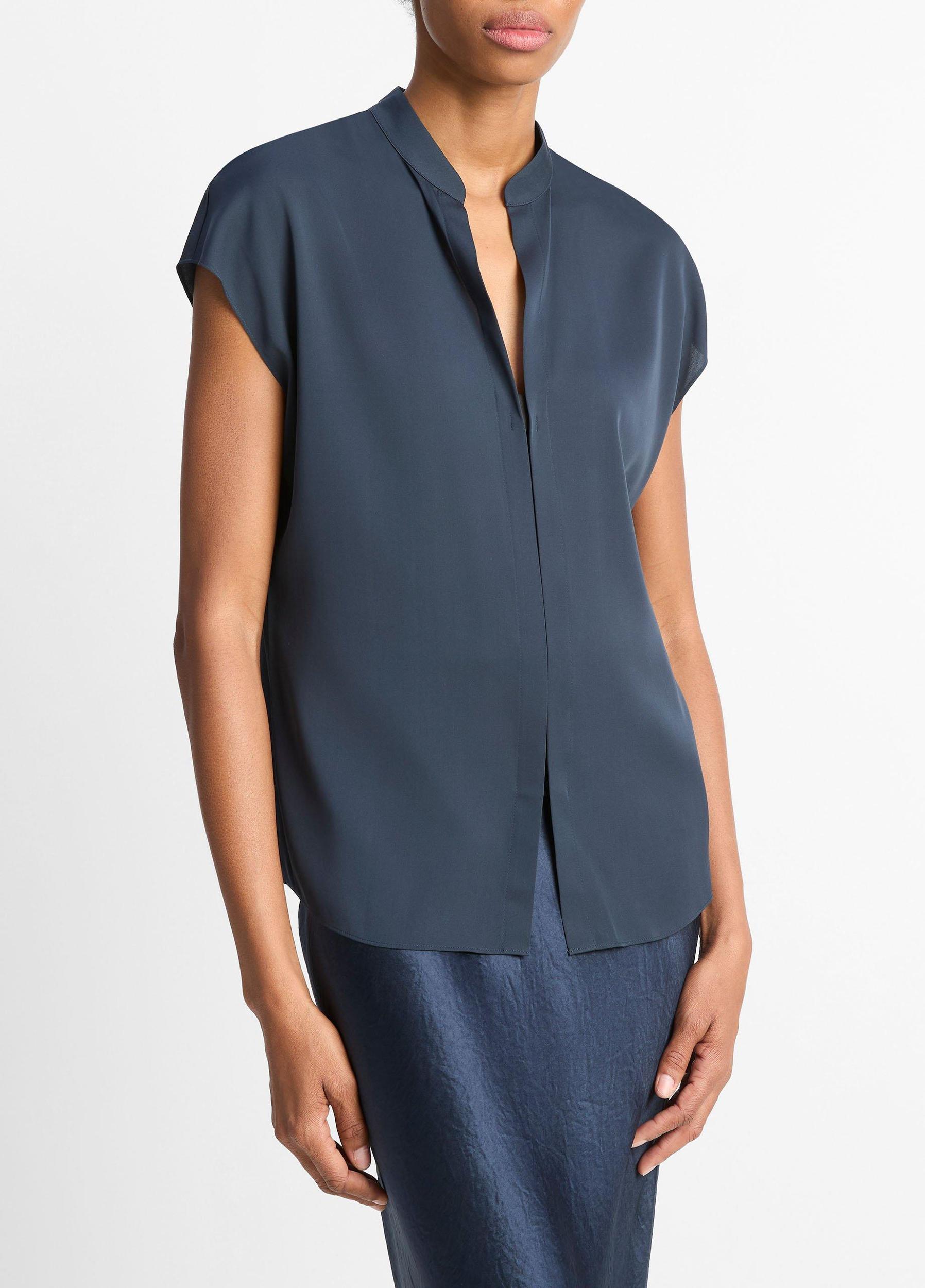 Contrast-Placket Stretch-Silk Cap-Sleeve Blouse Product Image