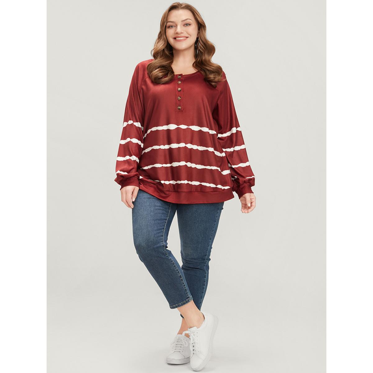Plus Size Striped Print Round Neck Button Up Sweatshirt Women Scarlet Casual Tie Dye Round Neck Dailywear Sweatshirts BloomChic 12/L Product Image
