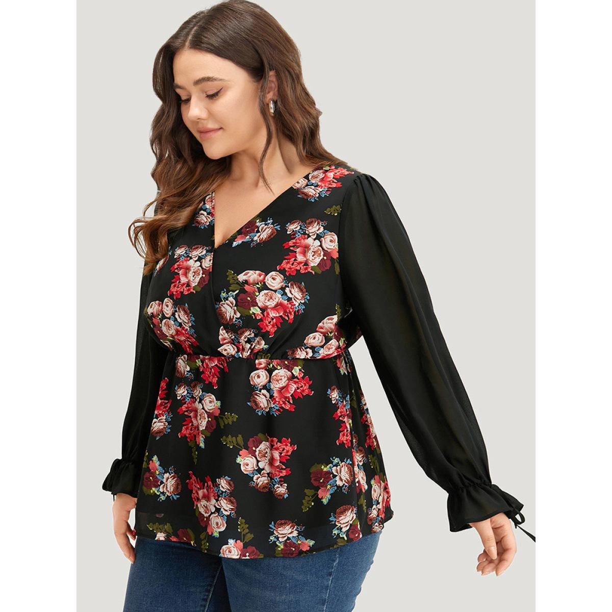 Plus Size Black Floral Print Patchwork Wrap Ties Lantern Sleeve Blouse Women Elegant Long Sleeve V-neck Dailywear Blouses BloomChic 30/6X Product Image