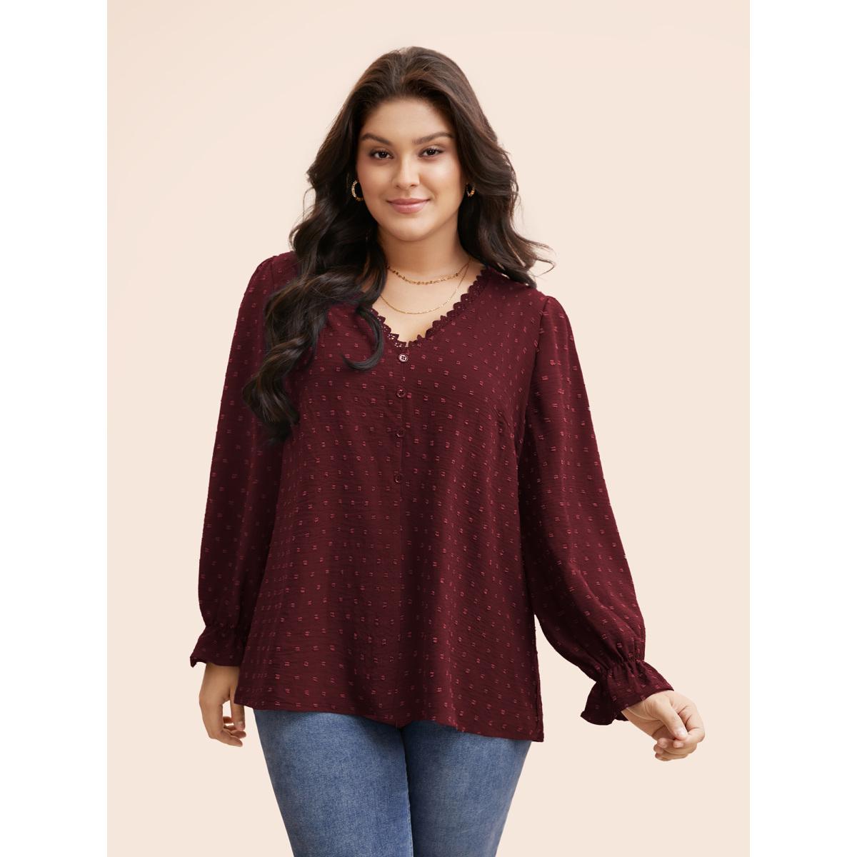 Plus Size Burgundy Textured Lace Trim Patchwork Ruffles Blouse Women Elegant Long Sleeve V-neck Everyday Blouses BloomChic 28/5X Product Image